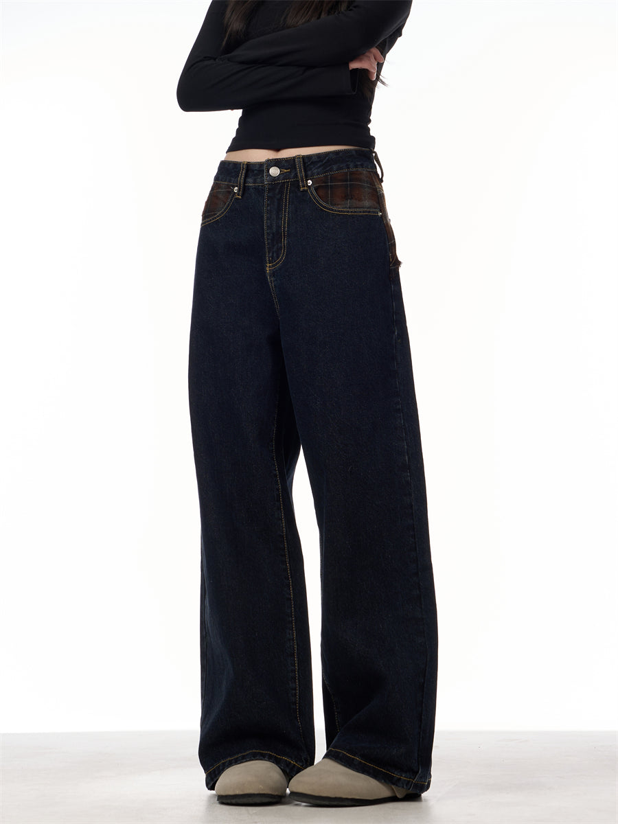 Retro Patchwork Plaid Blue Jeans For Women Loose Straight Trousers