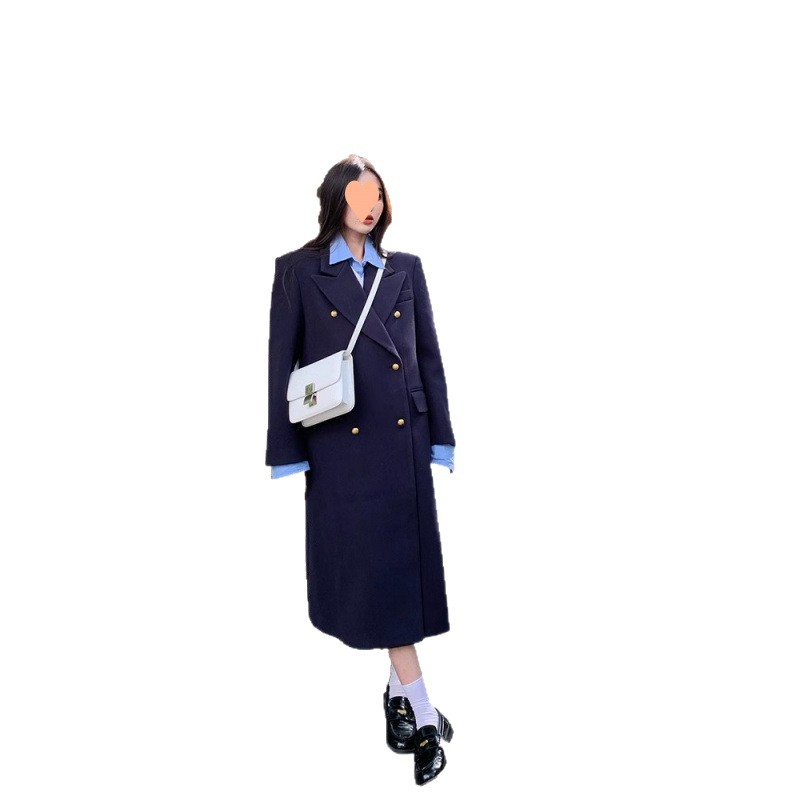 Navy Blue Womens Structured Wool Coat With A Refined Shoulder-Enhancing Design