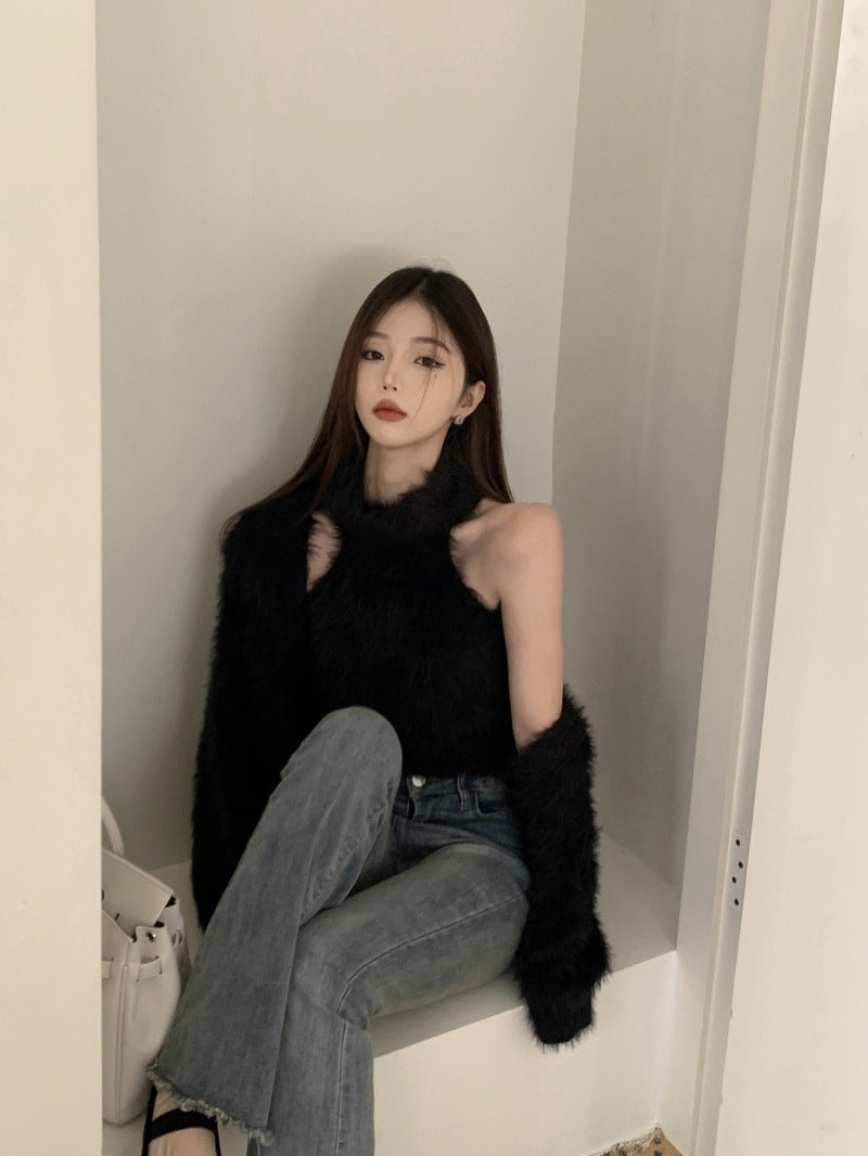 Mink Fur Halter Pure Sweet Hot Girl Sweater Vest Suit