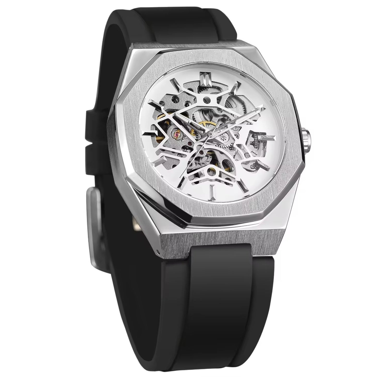 Casual Silver Hollow Skeleton Rubber-band Automatic Mechanical Watch