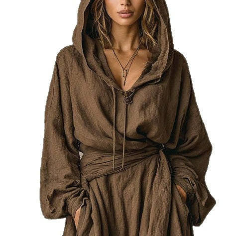 Womens Casual Loose-fitting Hooded Dress With A Belt