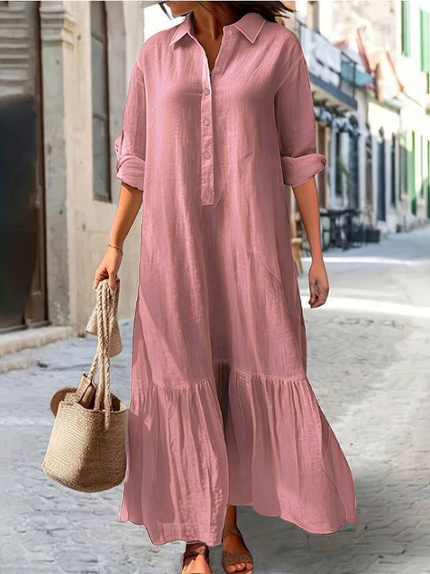 Long Asymmetrical Cotton Linen Dress With A Shirt Collar And Twist Buttons