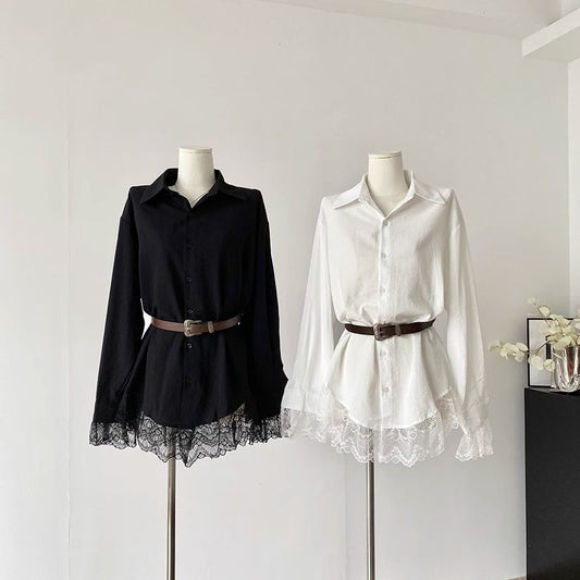 Lace Slimming Patchwork Versatile Shirt Dress With Belt
