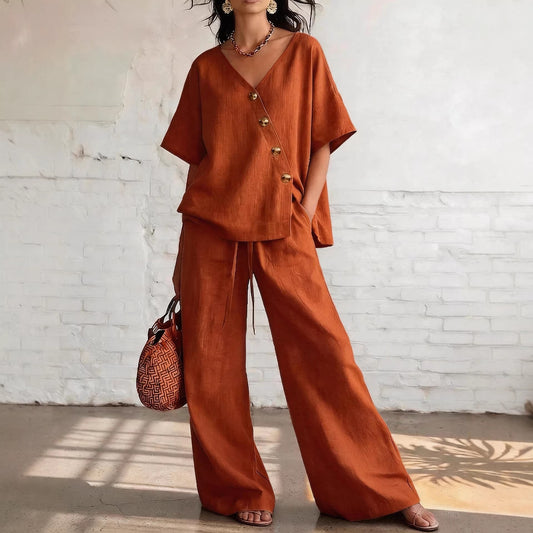 Casual Vacation Loose Cotton-Linen V-Neck Wide-Leg Pants Two-Piece Set