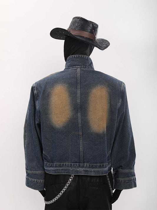 Vintage Color Block Metal Workwear Denim Jacket Short Jacket