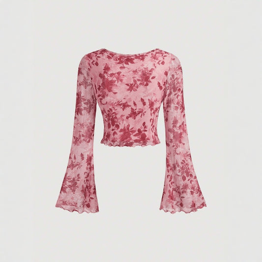 V-neck Lace Up Printed Long Sleeve Slim Women Shirt