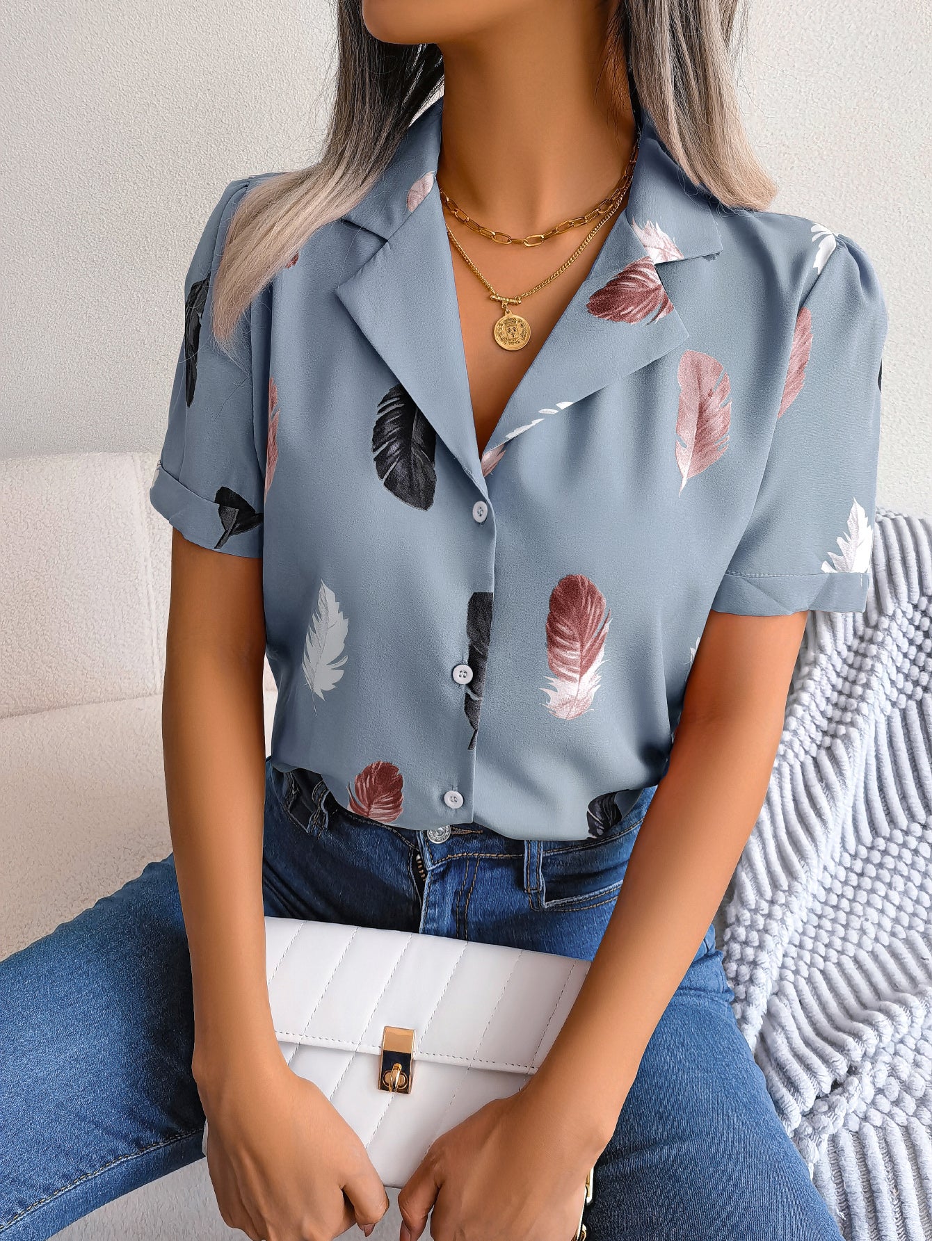 Women Elegant Notched Lapel Feather Loose Short Sleeve Shirt
