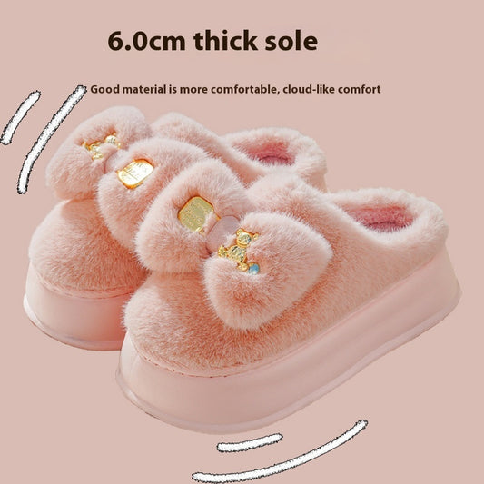 Thick-soled Cotton Slippers Women's Winter Bowknot Plush