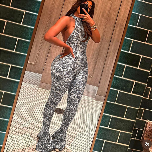 Women's Fashion Sexy Backless Halter Printed Slim-fit Sheath Jumpsuit