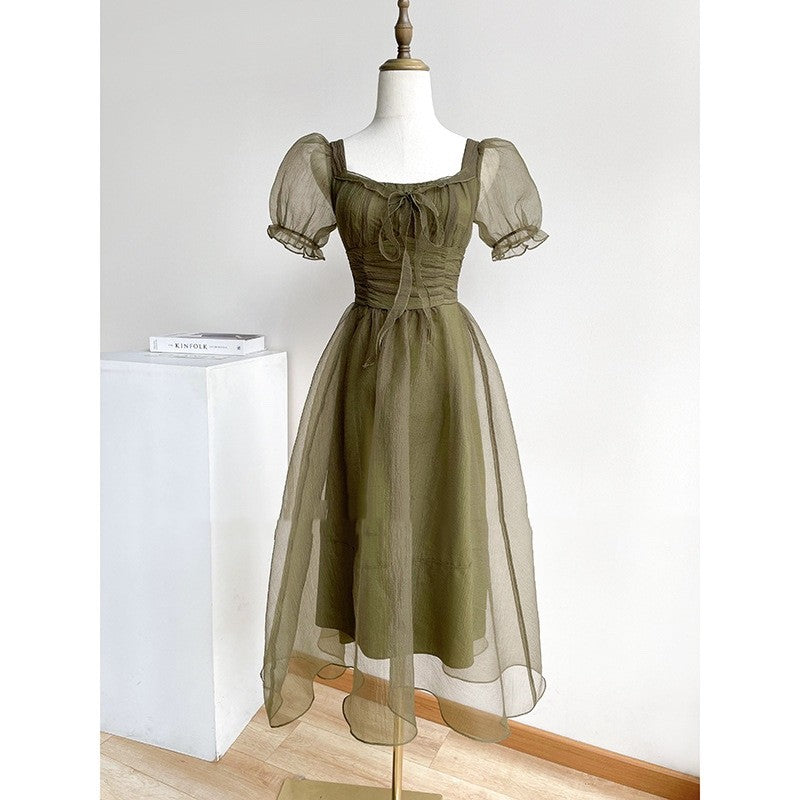 French Smoke Grey Green Square Neck Tea Break Skirt