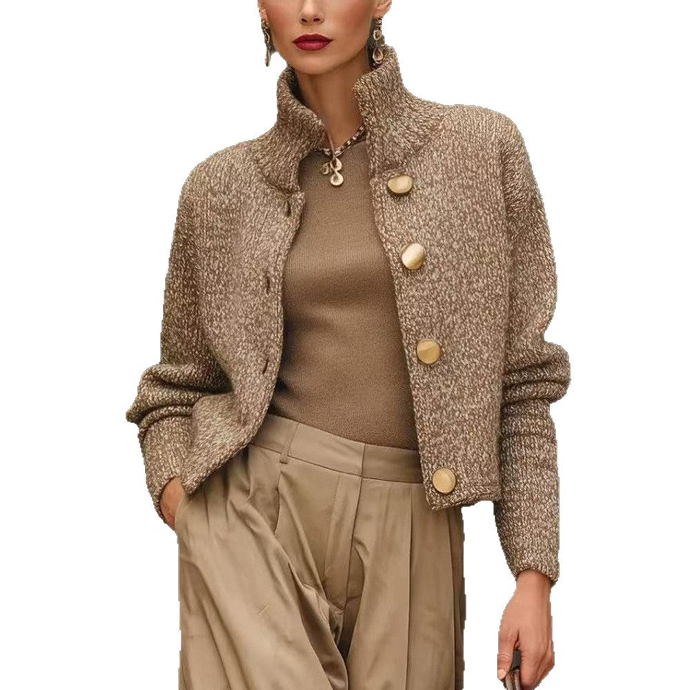 Women's High Neck Button Knit Sweater Stylish Short Cardigan Coat
