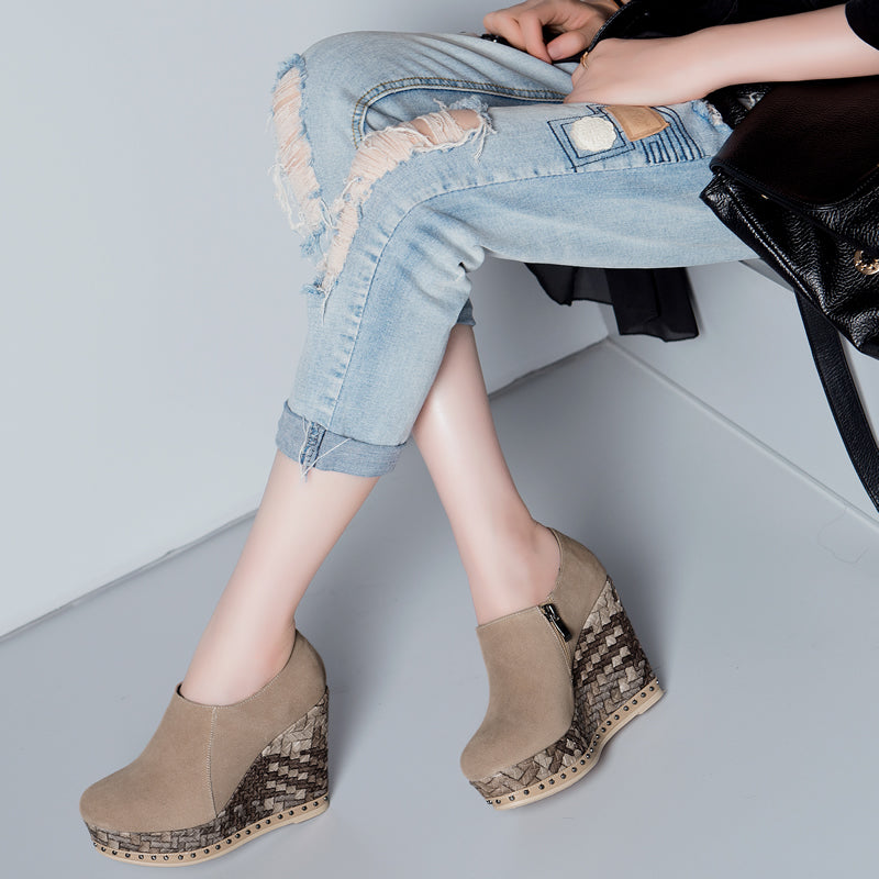 Women's Leather Side Zip Round Toe Deep High Heels