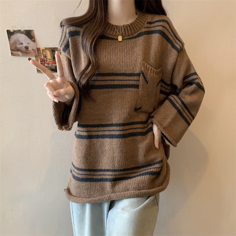 Lazy Sweater Pocket Contrast Color Striped Round Neck Pullover