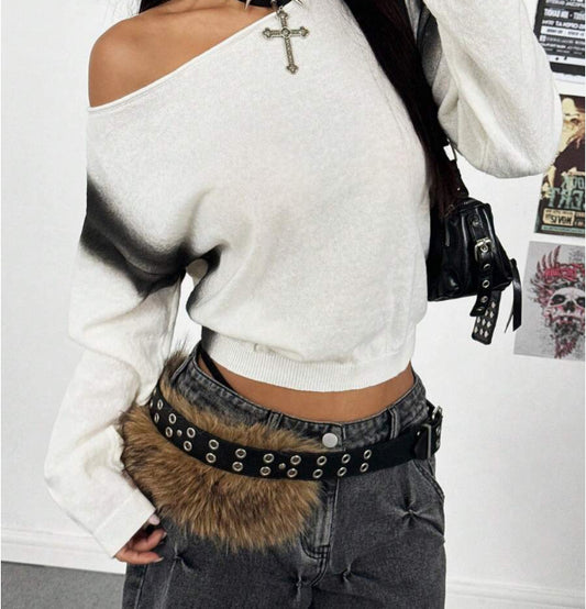 Contrast Color Graffiti Slant Shoulder Casual Loose Sweater