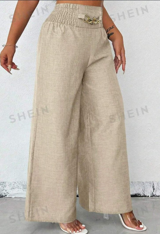 Women's Loose Wide Leg Blue Pants With Metal Chain Decoration For Summer