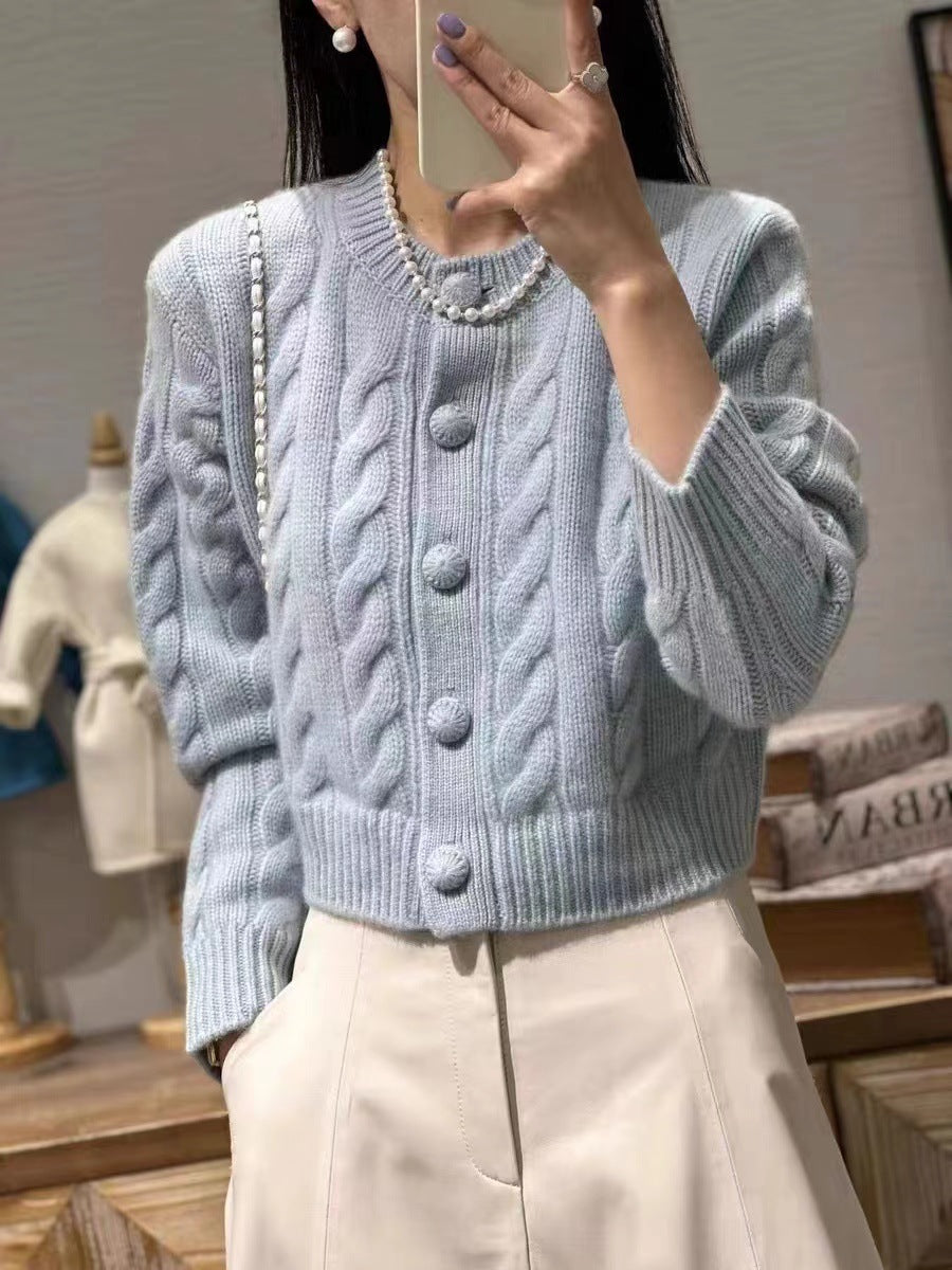 Lazy Round Neck Knitted Soft Glutinous Wool Cardigan Sweater Coat For Women