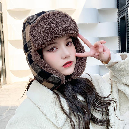 Plaid, Brushed Thermal And Windproof Cold Cycling Earflaps Ushanka Female