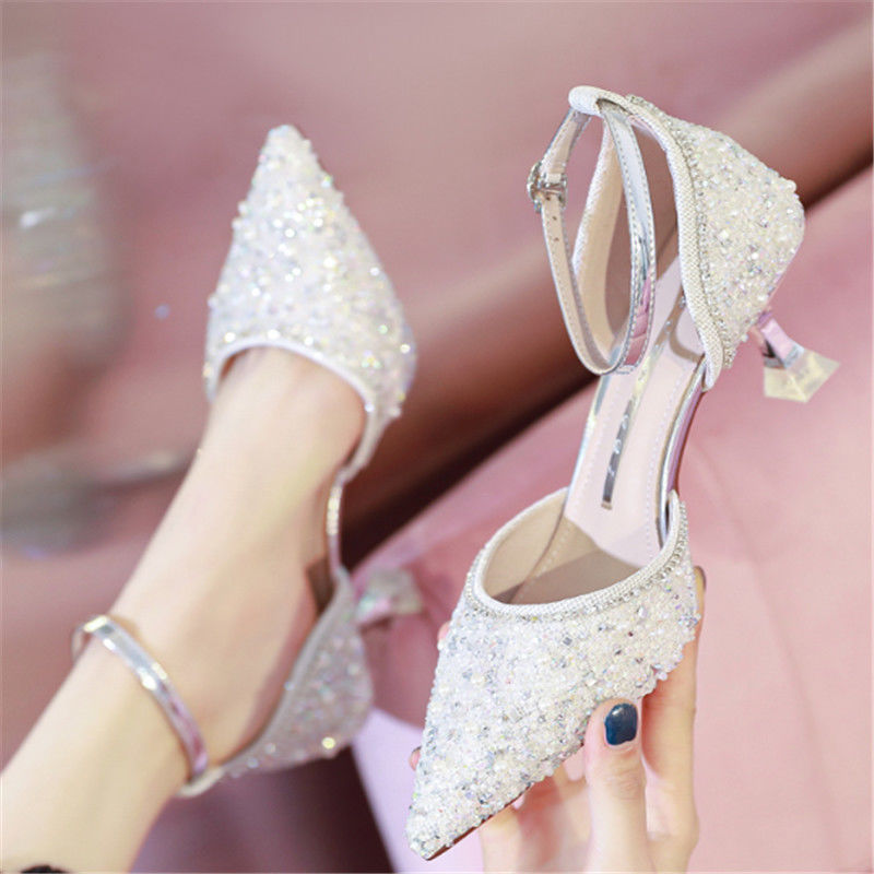 One Word With Hollow New Crystal Pointed Fashion High Heels