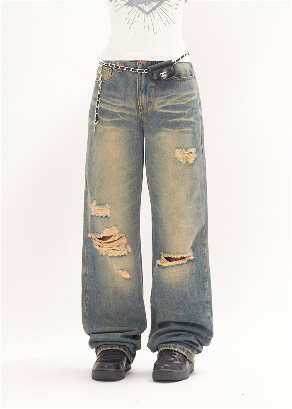 High Street Tide Ruffle Water Ripple Punk Loose Wide-leg Straight Pants