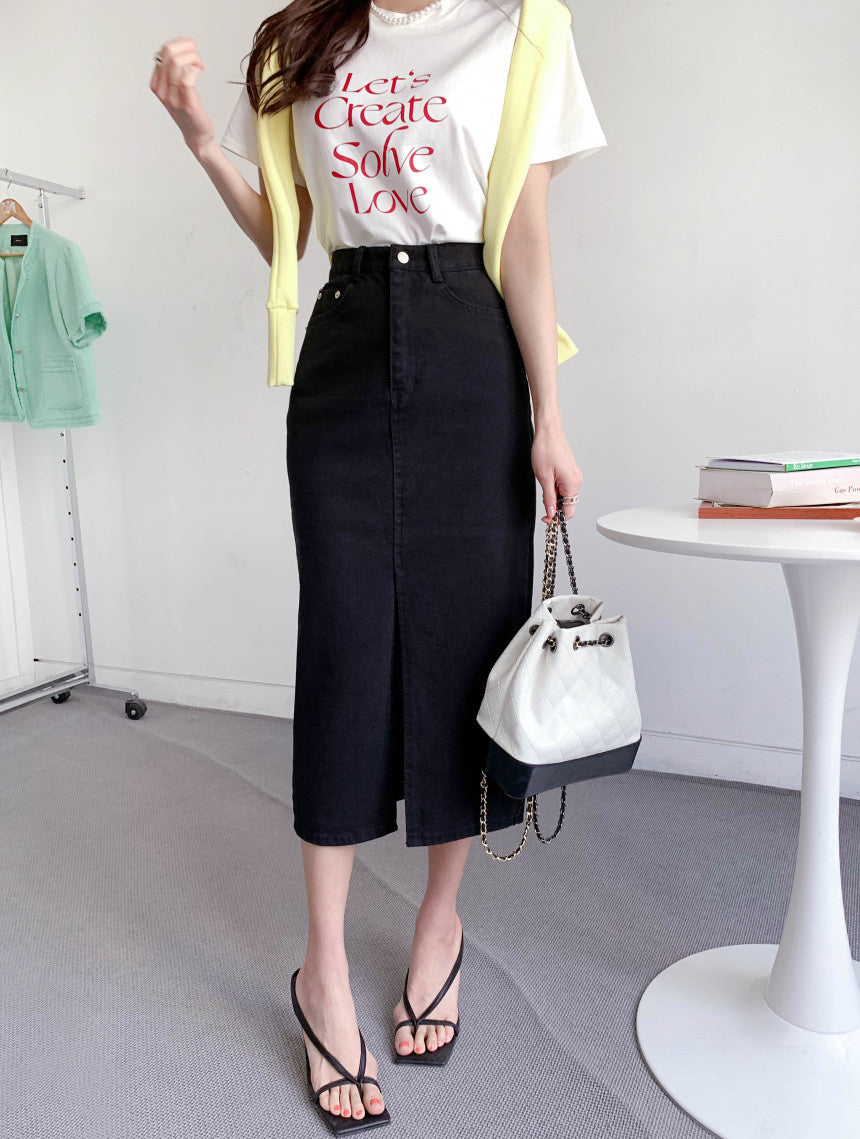 Niche Retro High Waist Slimming Design Slit Slim-fitting Sheath Denim Skirt