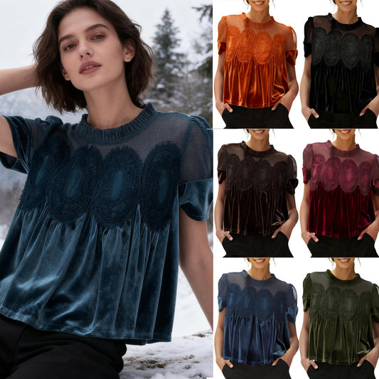 Women's Fashion Mesh Embroidered Crew-Neck Pullover Solid Color Top