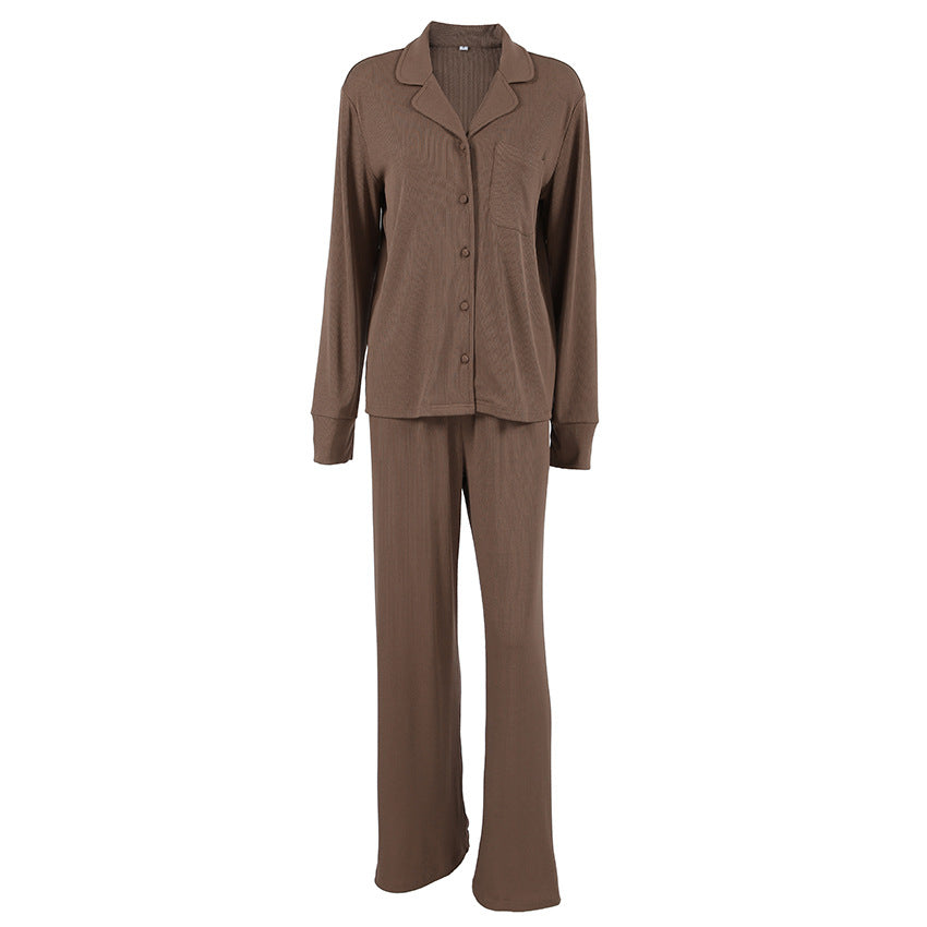 Knitted Pajama Set Long-sleeve Top And Long Pants In Brown Perfect For Fall And Winter
