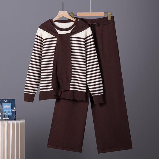 Womens Professional Knit Set Striped Sweater And Wide Leg Pants Two Piece Suit