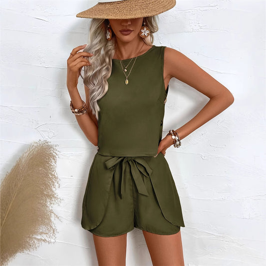 Womens Outerwear Two-Piece Set Solid-Color Button-Embellished Pants And Top For Women