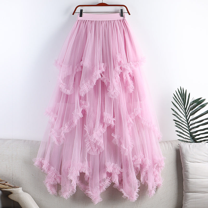 Women's High Waist Sweet Irregular Mesh Half-length Skirt