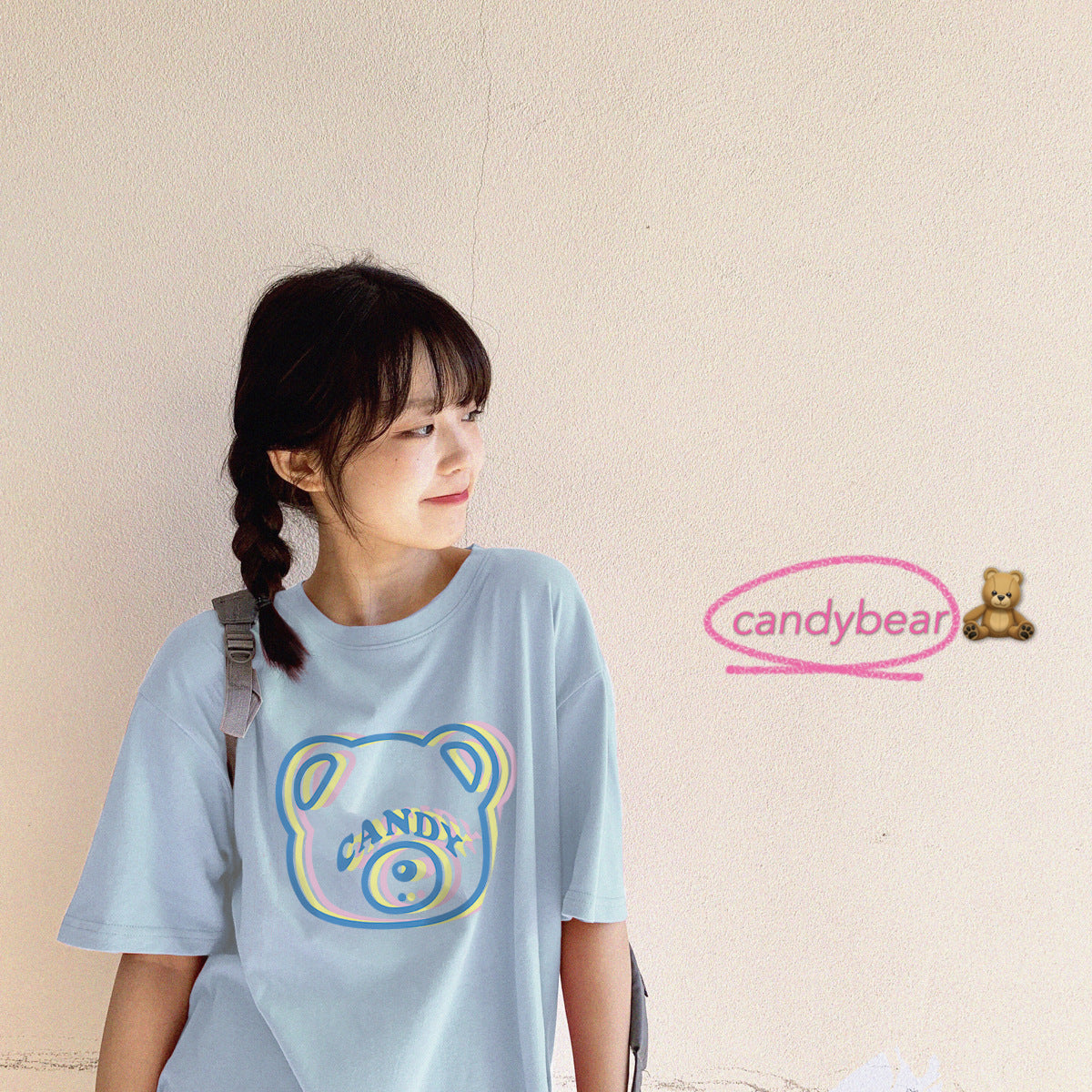 Dizzy Bear Japanese-Style Printed Loose-Fit Versatile Casual Crew-Neck Short-Sleeve T-Shirt For Women