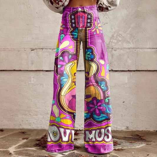 printed Retro Sunflower Guitar Art-style Womens Wide-leg Flared Denim Jeans 3D