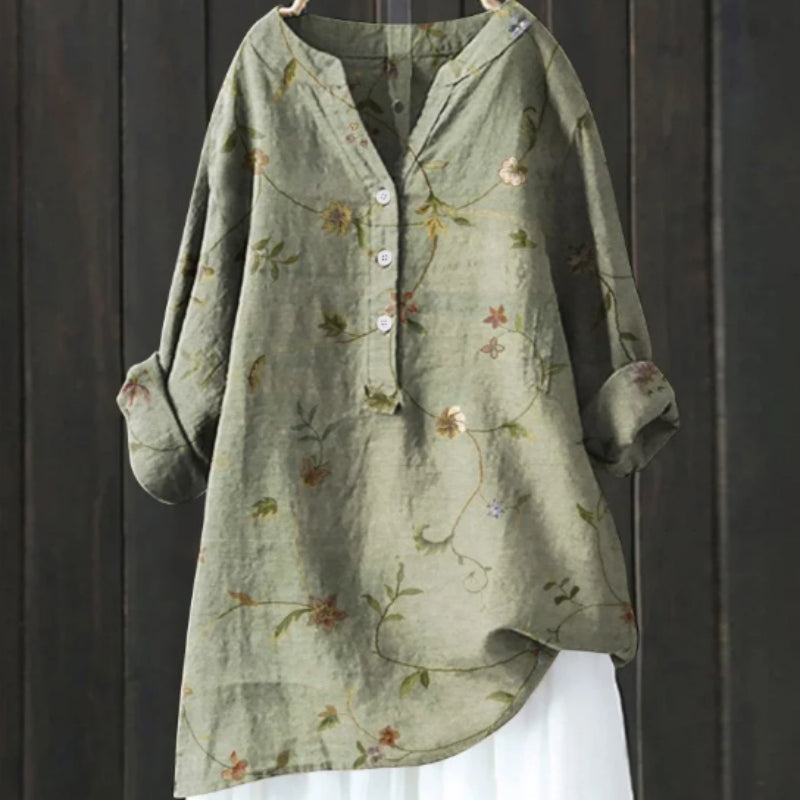 Women's Loose-Fit V-Neck Blouse With Green Floral Vine Print