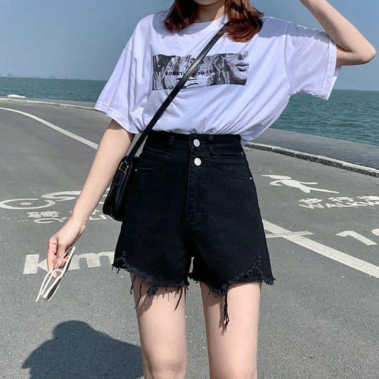Ins-stil Trendy Ripped Denim Shorts til Kvinder Højtaljede A-linje Design til Sommer