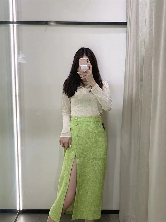 Women's Green Textured Slit High Waist Midi Skirt