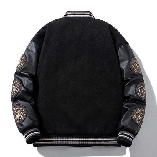 Woolen Baseball Uniform Loose Embroidered PU Coat