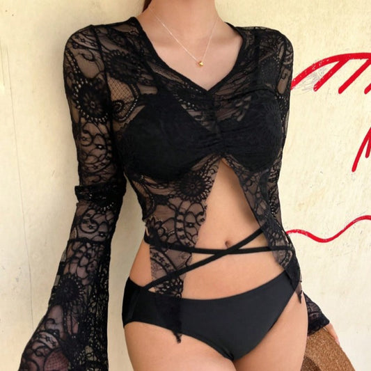 Sexy Swimwear Long-Sleeve Bikini With A Detachable Lace Top