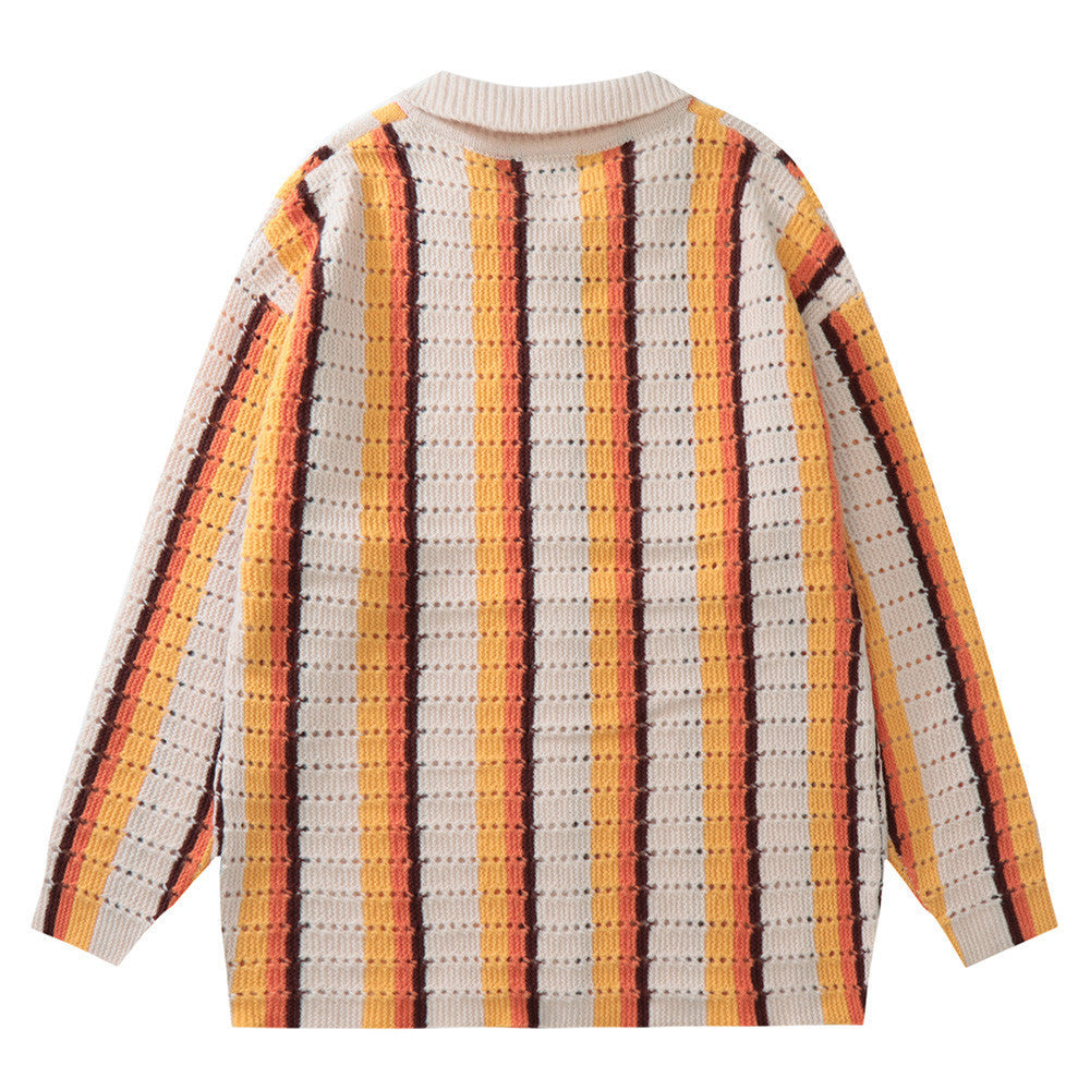 SweaterCrochet StripedThread Lapel Knit Cardigan