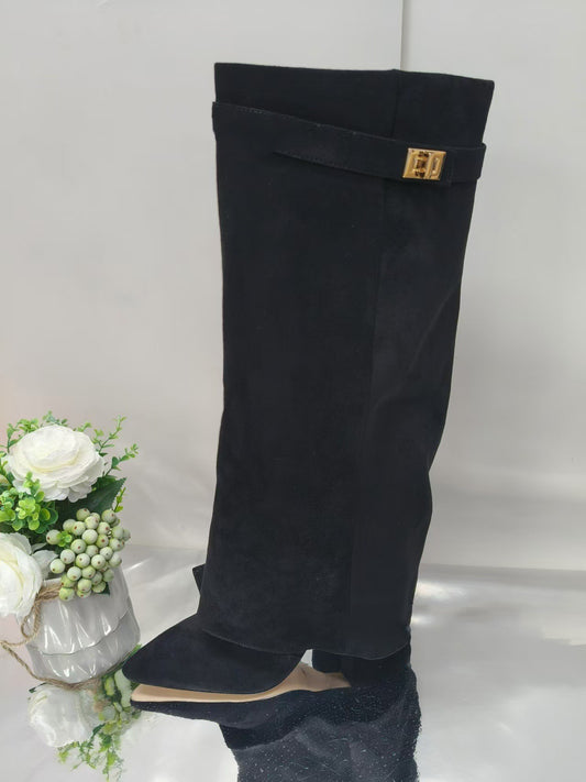 Ins Pant-tube Boots Pointed Toe Chunky Heel Shoes WInter Knight Mid-calf Dress Boot For Women