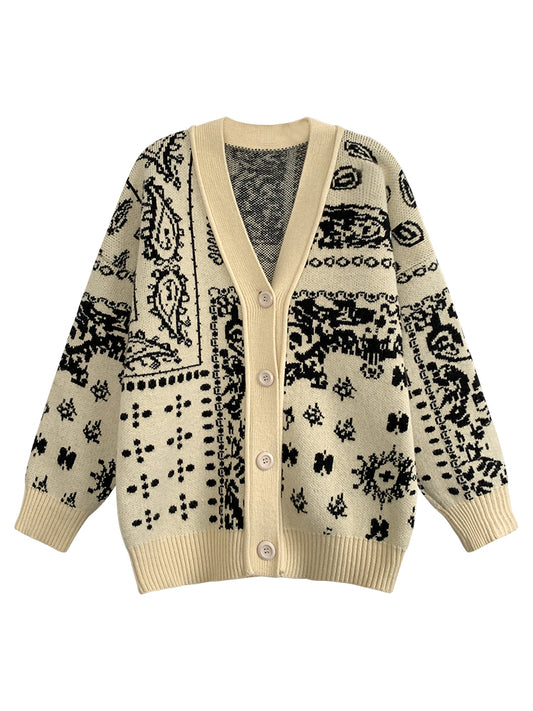 Vintage Heavy Industry Contrast Jacquard Knit Cardigan Jacket