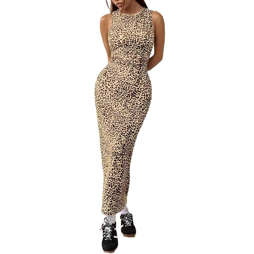 Long-sleeve Crew-neck Fashionable Leopard-print Knitted Sleeveless Bodycon Dress