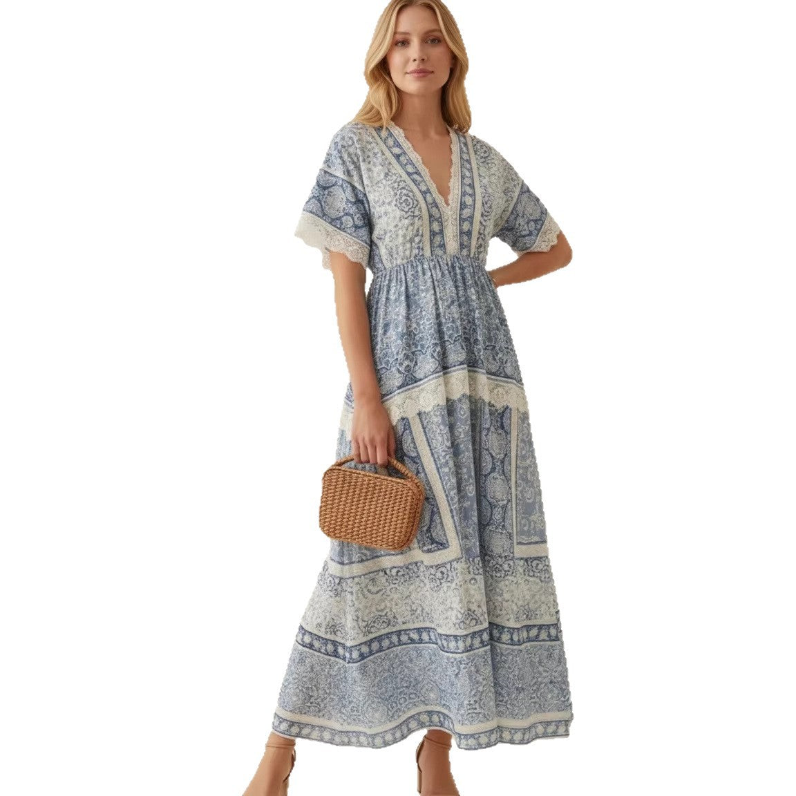 Chic V-neck Printed Waist-Cinching Short-Sleeve Womens Dress