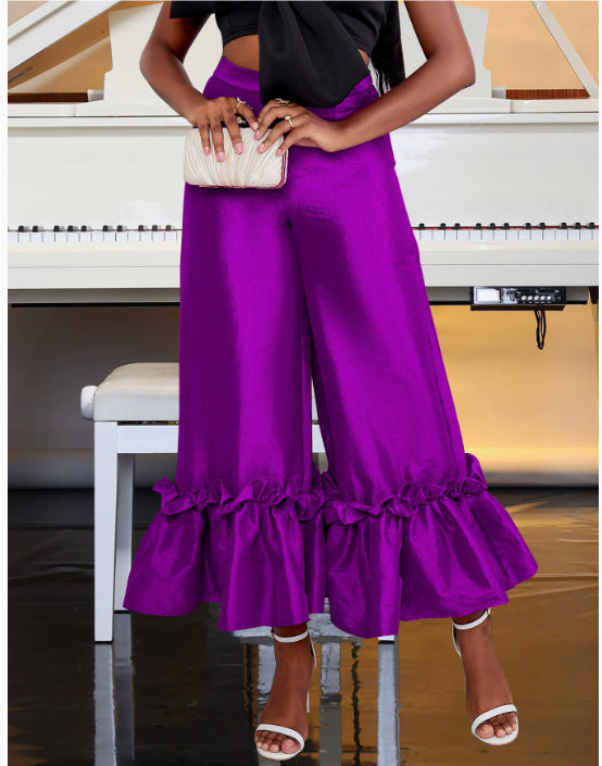 Patchwork Ruffled Loose High Waist Wide-leg Casual Pants