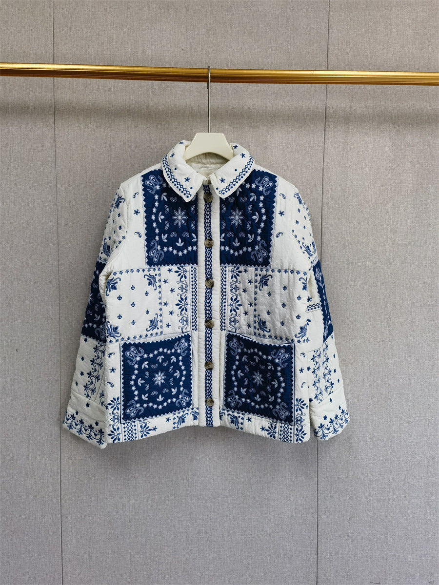Autumn And Winter Ethnic Style Floral Contrast Color Thin Embroidery Cotton-padded Jacket
