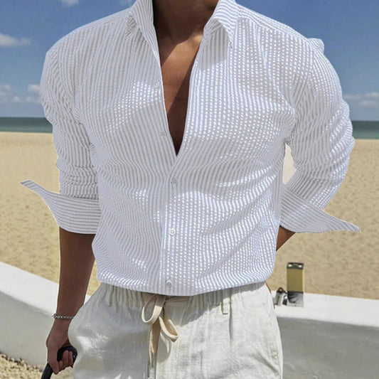Fashion Striped Cardigan Lapel Long Sleeve Shirt