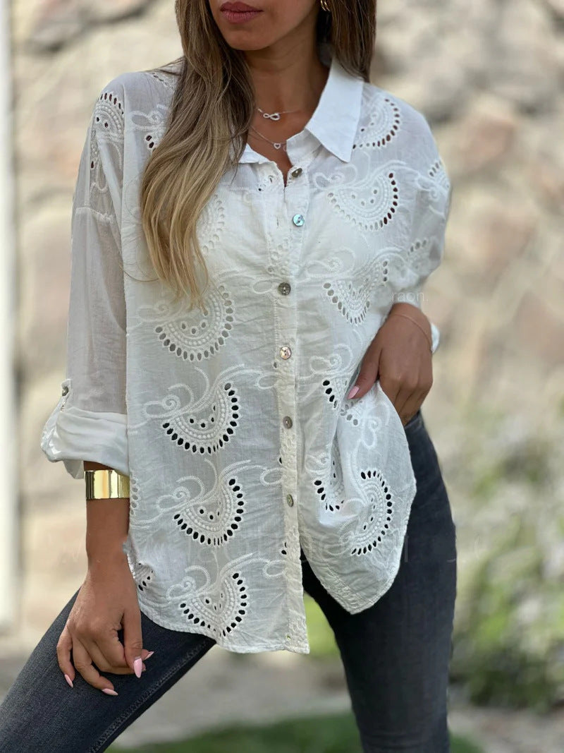 Women's Shirt Collar Loose Embroidery Hollow Out