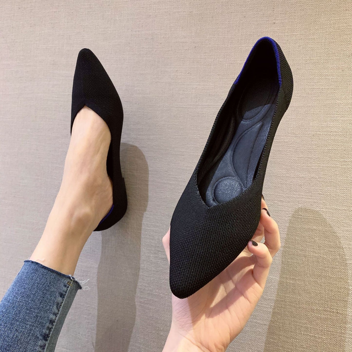 Shallow Mouth Flying Knit Shoes Pointed Toe Flat Knit Egg Roll Shoes