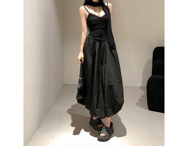 Black Cross Sling Waist Slimming Shirt Dress