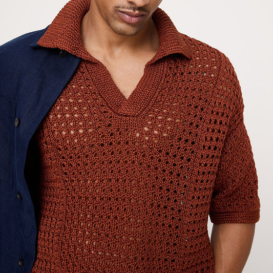 Hollow-out Mesh Knitted Short-Sleeve Polo Shirt T-Shirt