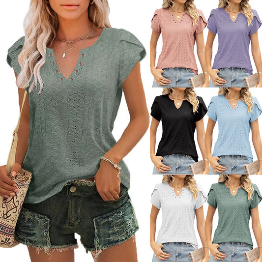 V-neck Buttons Hollow Loose Short Sleeve T-shirt Top Ladies