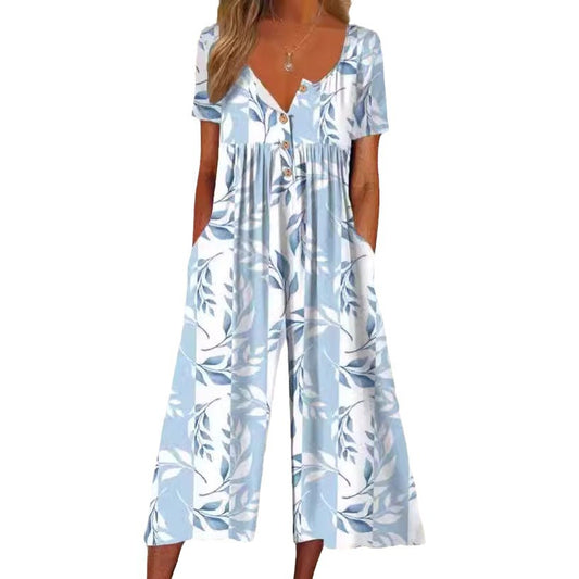 European And American Spring And Summer Hot-selling Printed Pocket Button Jumpsuit